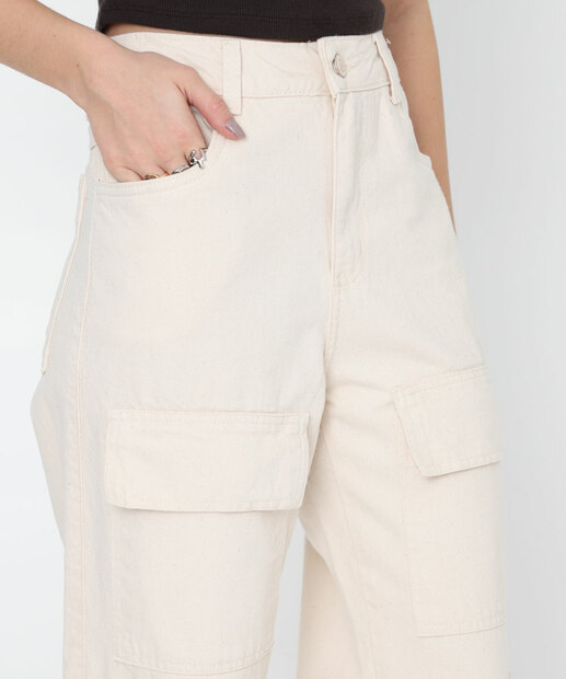 Calça Feminina Sarja Wide Leg Cargo Sawary Bege