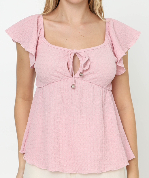 Blusa Feminina Bata Textura Manga Curta Marisa Rosa