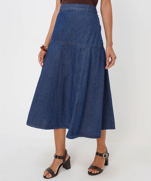 Saia Midi Jeans Evasê Feminina Marisa Azul