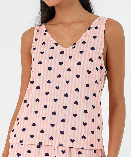 Pijama Feminino Listrado Corações Marisa Off White