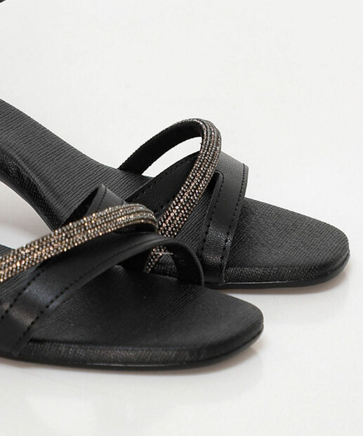 Sandália Feminina Salto Grosso Strass Moleca Preto