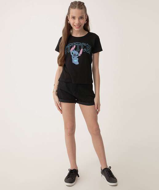 Camiseta Juvenil Stitch Disney Tam 06 a 14 Preta