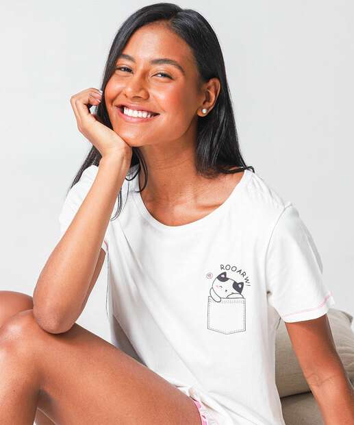 Pijama Feminino Babado Gato Marisa Off White