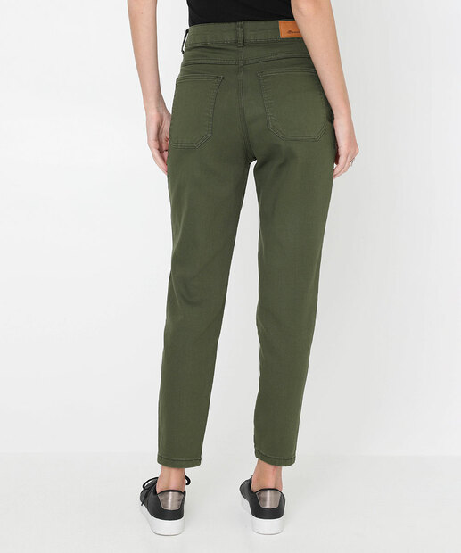 Calça Mom Sarja Bolsos Cintura Alta Sawary Verde