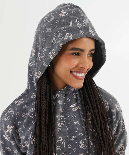 Blusão Feminino Capuz Moletom Hello Kitty Cinza