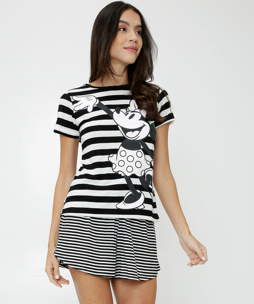 Pijama Feminino Listrado Minnie Manga Curta Disney