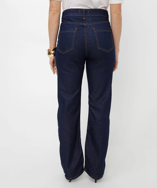 Calça Feminina Jeans Reta Amaciada Bolsos Azul
