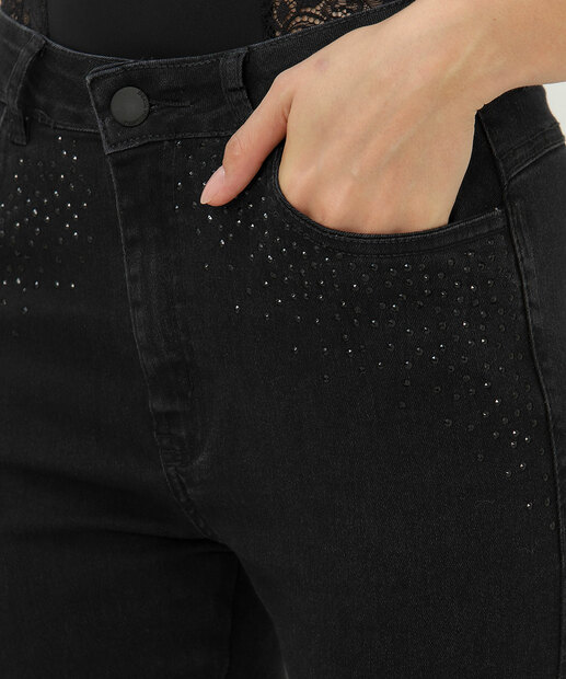 Calça Jeans Skinny Feminina Strass Preto