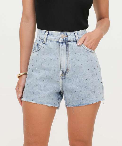 Short Jeans Feminino Strass Cintura Alta