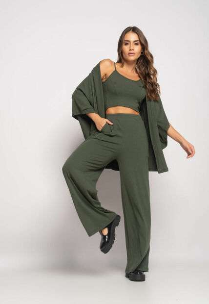 Image_Conjunto Com Kimono, Cropped e Wide Leg Canelado Verde Salvatore