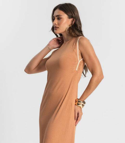 Vestido Midi Em Ribana Canelada Endless Marrom