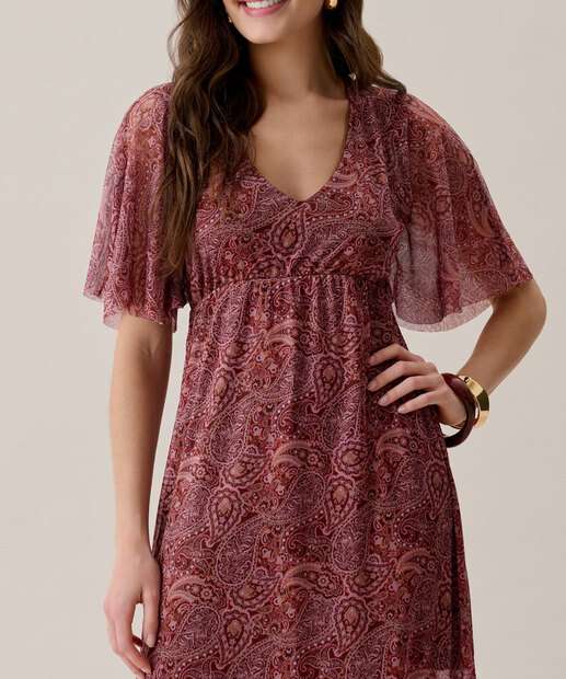 Vestido Feminino Midi Tule Estampa Paisley Marisa Vinho