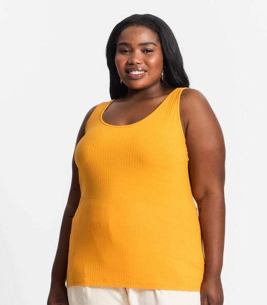 Regata Plus Size Em Ribana Canelada Secret Glam Amarelo