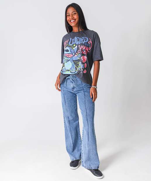 Camiseta Feminina Oversized Stitch Cinza