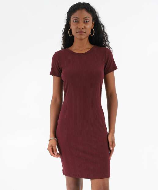 Vestido Feminino Canelado Manga Curta Marisa Vinho