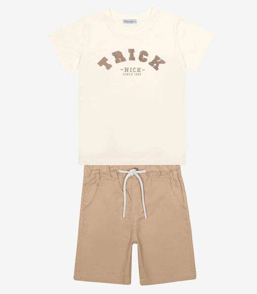 Conjunto Infantil Camiseta Com Bermuda Trick Nick Bege
