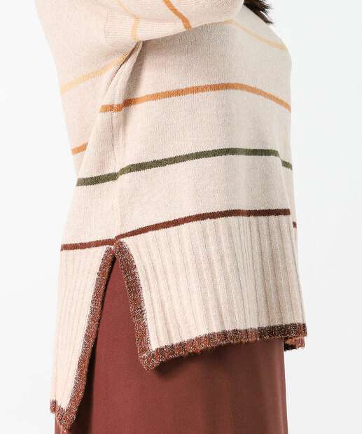 Suéter Feminino Chenille Listrado Brilho Lurex Marisa Bege