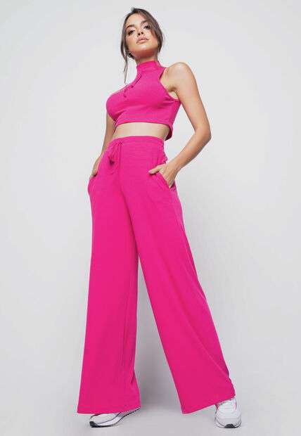 Cropped  Regata Sport Cadarço Gola Malha Canelada Pink