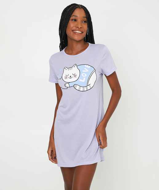 Camisola Estampa Gato Manga Curta Marisa Lilás