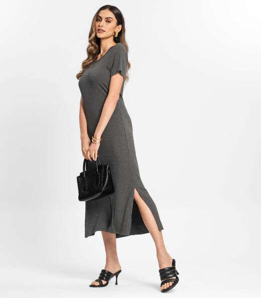 Vestido Feminino Midi Canelado Select Cinza