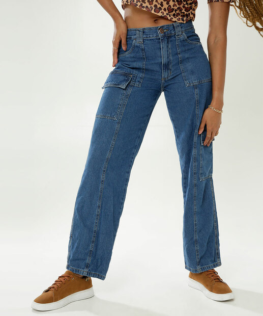 Calça Jeans Wide Leg Pantalona Feminina Cargo Marisa