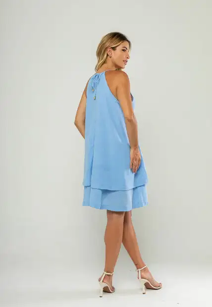 Vestido Curto Com Alças Finas e Babado Duplo Azul Salvatore