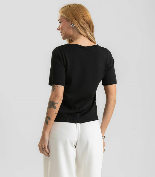 Blusa Feminina Manga Curta Lisa Em Tricot Dianna Preto