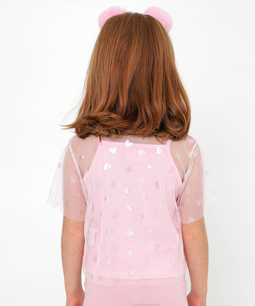 Blusa Infantil Tule Coração Foil Marisa Tam 4 a 10 Rosa