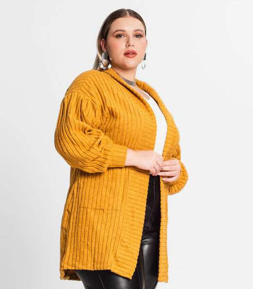 Cardigan Plus Size Em Canelado Tricot Secret Glam Amarelo