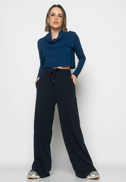 Cropped Golão Manga Longa Malha  Fashion Azul