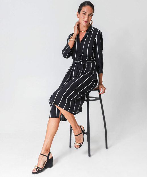 Vestido Feminino Chemise Midi Listrado Marisa Preto