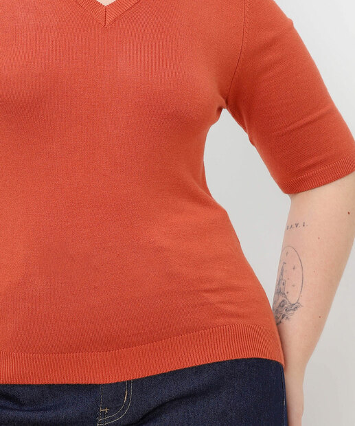 Blusa Plus Size Feminina Tricô Manga Curta Marisa Laranja