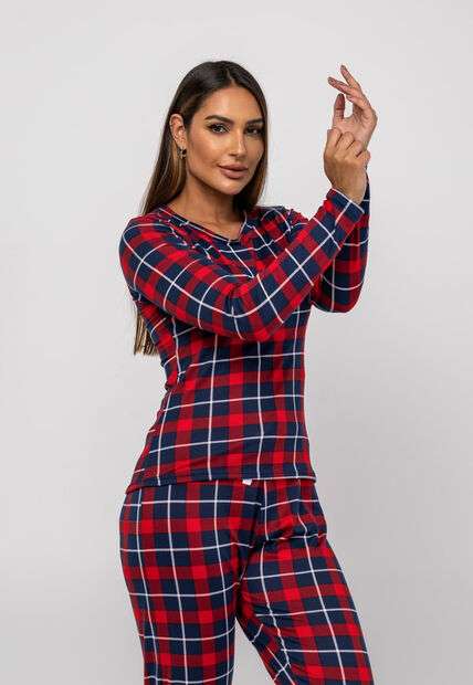 Pijama Calça e Blusa M/L Malha Xadrez Vermelho Salvatore Fashion