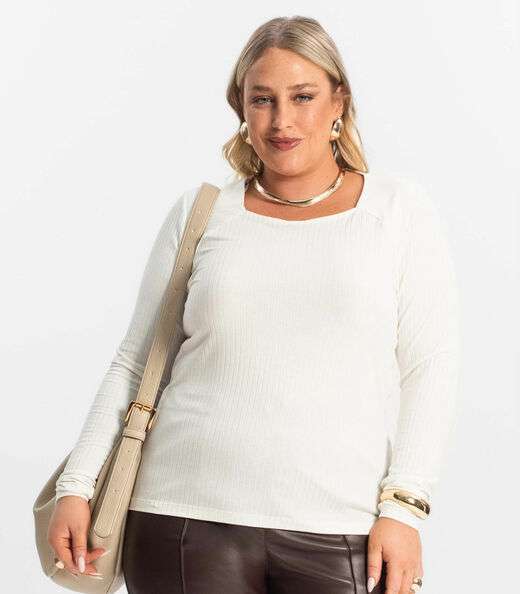 Blusa Plus Size Em Ribana Canelada  Secret Glam Bege
