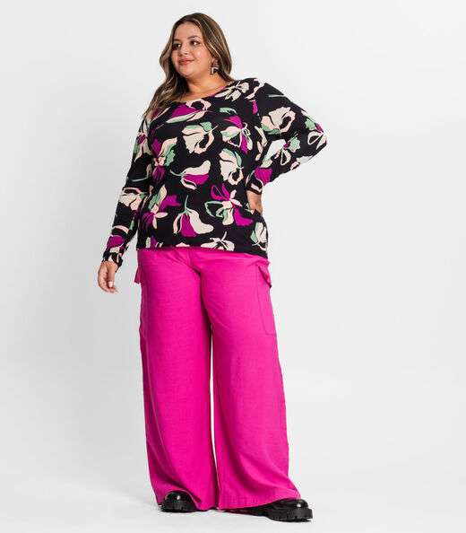 Blusa Plus Size Estampada Em Viscose Secret Glam Preto