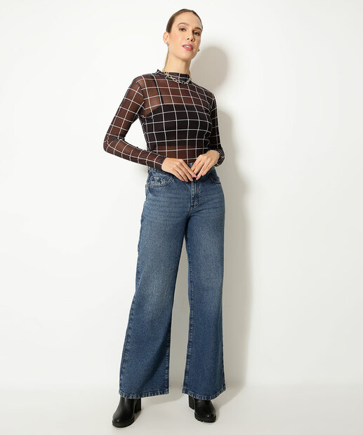 Calça Jeans Wide Leg Feminina Bolsos Marisa