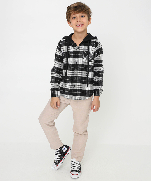 Camisa Infantil Xadrez Flanelada Capuz  MR Tam 4 a 10 Preto