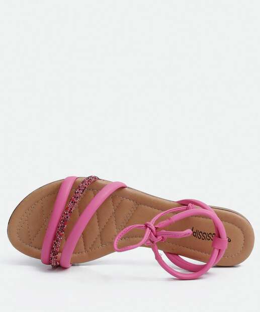 Sandália Feminina Rasteira Strass Amarração Mississipi