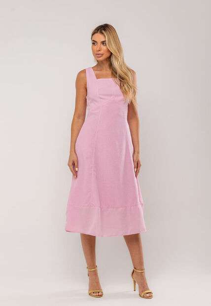 Vestido Midi Decote Reto e Alça Larga Rosa Salvatore
