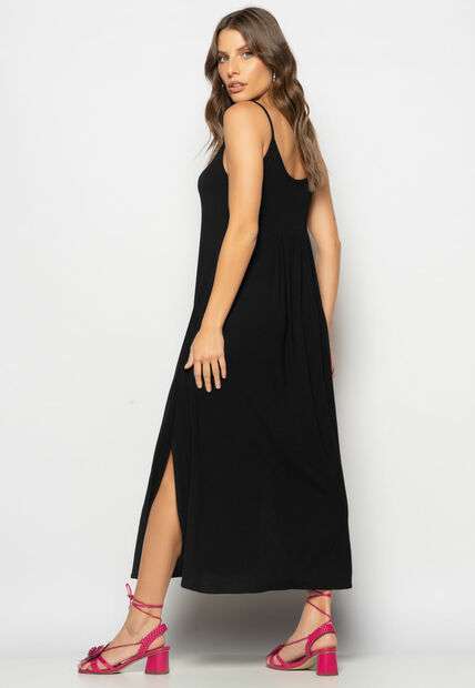 Vestido Longo Alcinha Com Barra Arredondada E Bolsos Preto Salvatore