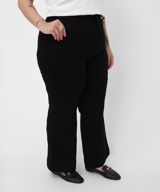 Calça Plus Size Feminina Sarja Wide Leg Petit Sawary Preto