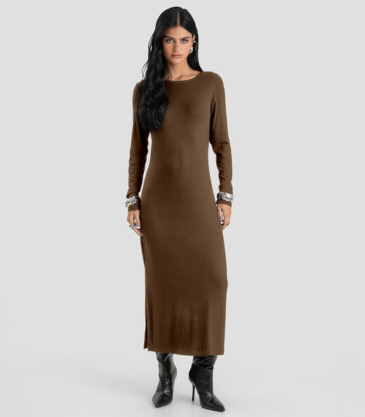 Vestido Feminino Super Midi Canelado Dianna Marrom