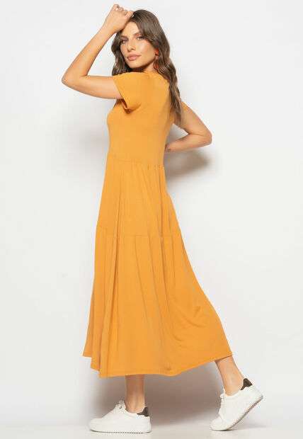 Vestido Midi Manga Curta Com Babado Caramelo Salvatore