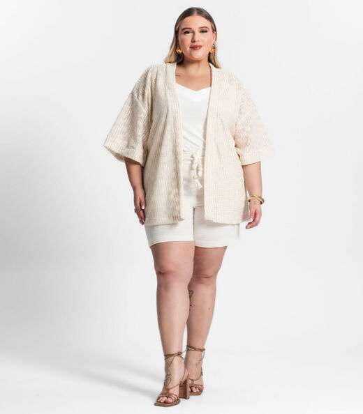 Kimono Feminino Plus Size Em Tricot Secret Glam Bege