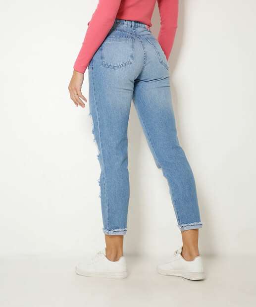 Calça Mom Jeans Destroyed Feminina Bolsos Biotipo