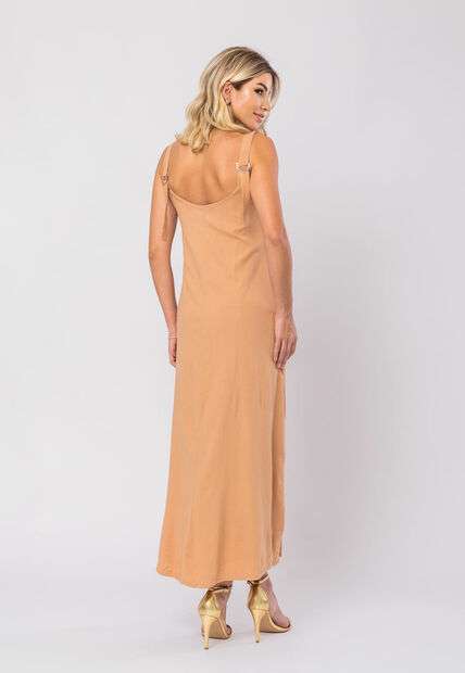 Vestido Midi Viscolinho Premium com Alças Bege Salvatore