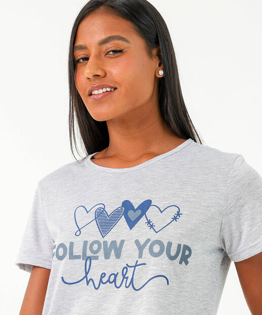 Camisola Estampa Coração Manga Curta Marisa Cinza