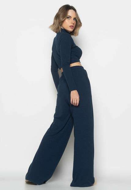 Conjunto Comfy Cropped Manga Longa e Calça Wide Leg Canelado  Marinho Salvatore