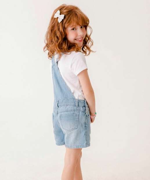 Jardineira Infantil Jeans Flores Tam 4 a 10 Azul