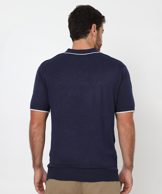 Polo Masculina Tricô Retilínea Manga Curta Marisa Azul